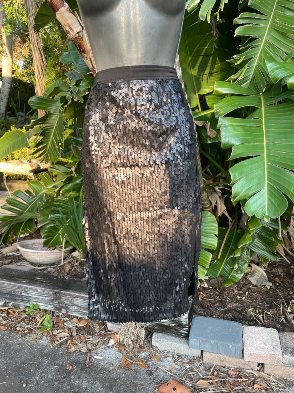 pewter sequin slip, front pen, pencil skirt